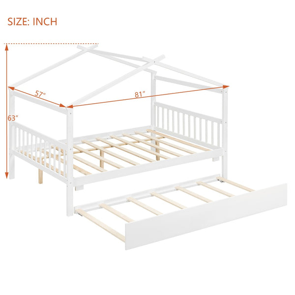 English Elm Full Size House Bed Solid Pinewood Frame with Pull Out Twin Trundle for Kids White LP000305AAK-1