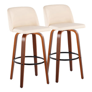 English Elm Toriano 30" Mid-Century Modern Barstools Set Of 2 - Walnut Wood, Cream Faux Leather, Swivel Comfort B202S00697-GIGA