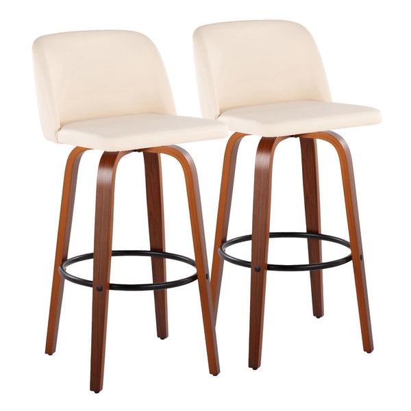 English Elm Toriano 30" Mid-Century Modern Barstools Set Of 2 - Walnut Wood, Cream Faux Leather, Swivel Comfort B202S00697-GIGA