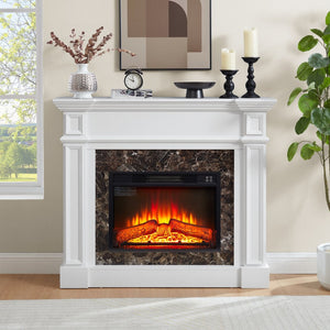 English Elm Electric Fireplace Mantel with Stacked Stone Surround Led Flame and Remote Heater White W2275S00047