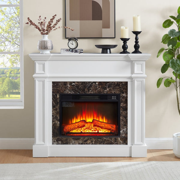 English Elm Electric Fireplace Mantel with Stacked Stone Surround Led Flame and Remote Heater White W2275S00047