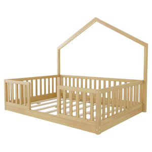 English Elm Twin Montessori Floor Bed House Frame with Led Lighting and Safety Rails for Kids Natural W2593P440609