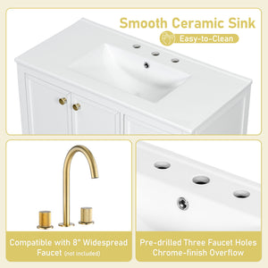 English Elm Christopher Knight Home® - 36" Vintage-inspired Bathroom Vanity with Ceramic Sink, Solid Wood Frame, Soft-Close Drawers, Spacious Storage White N759P293646K