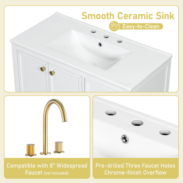 English Elm Christopher Knight Home® - 36" Vintage-inspired Bathroom Vanity with Ceramic Sink, Solid Wood Frame, Soft-Close Drawers, Spacious Storage White N759P293646K