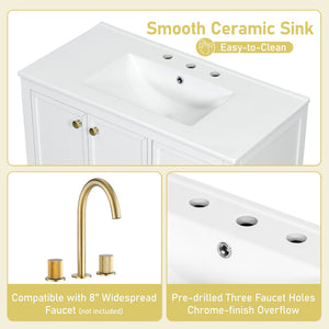 English Elm 36" Solid Pine Bathroom Vanity with Ceramic Sink 4 Soft Close Drawers Vintage Style White N759S293646K