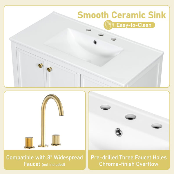 English Elm 36" Solid Pine Bathroom Vanity with Ceramic Sink 4 Soft Close Drawers Vintage Style White N759S293646K