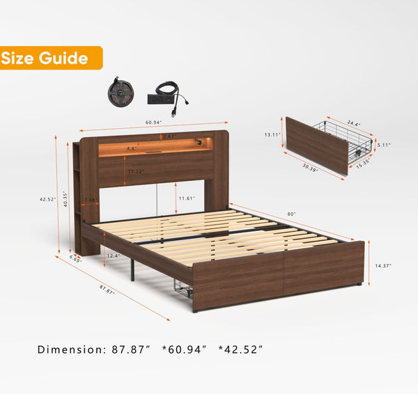 English Elm Wooden Queen Platform Bed Farmhouse Bookcase Headboard Led Storage Drawers Charging Hub W2129P390129