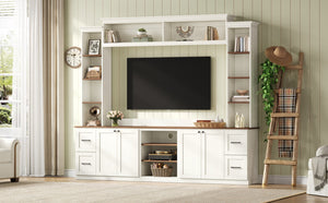 English Elm Unique Low Profile Media Console with Led Lighting Glass Shelves Fits Tvs to 105 White N721S000077K