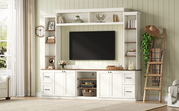English Elm Unique Low Profile Media Console with Led Lighting Glass Shelves Fits Tvs to 105 White N721S000077K