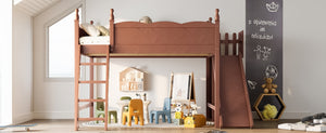 English Elm Queen Solid Pine Loft Bed with Wardrobe Shelves Detachable Slide and Dual Sleeping Zones Antique Natural W5305S00030