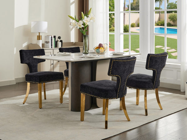 English Elm Mid Century Modern Dining Chairs with Copper Nail Trim, Plush High-Density Foam Seats, Brushed Steel Legs Black W1143P314903