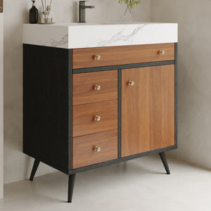 English Elm 29.9" Floating Bathroom Vanity Sintered Stone Top Soft Close Drawers Bronze Gold Hardware Black,Brown,Gold,White W3136S00046