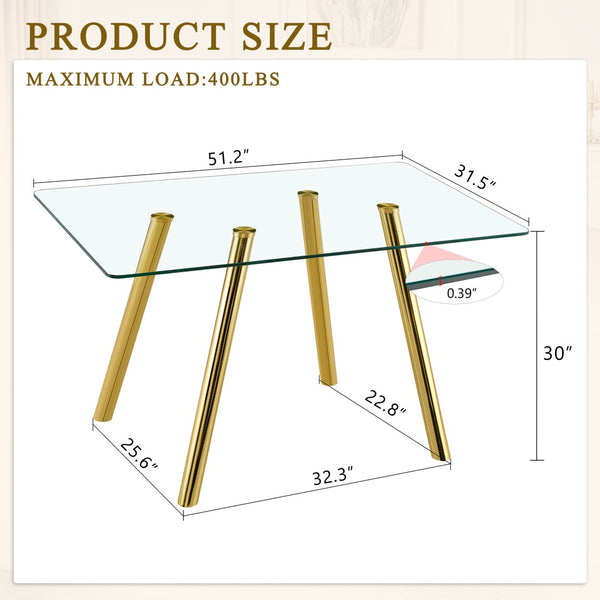 English Elm Tempered Glass Rectangular Dining Set Seats Six with Gold Metal Legs and White Chairs W3875S00047
