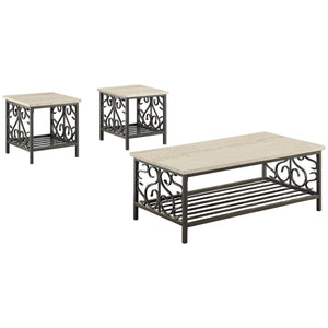 English Elm 3-Piece Fairhope Occasional Table Set with Faux Marble Tops, Black Metal Scrollwork, Living Room Chic B011P289731
