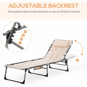 English Elm Outsunny Padded Reclining Outdoor Chaise with Headrest Foldable Steel Frame Lounge Chair Beige W2225P175534