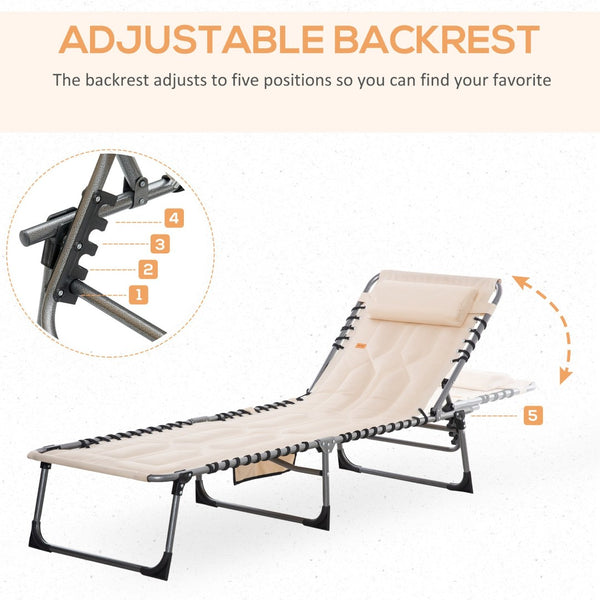 English Elm Outsunny Padded Reclining Outdoor Chaise with Headrest Foldable Steel Frame Lounge Chair Beige W2225P175534