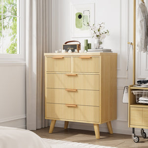 English Elm 5 Drawer Fluted Chest Natural Wood Finish Bohemian Storage for Nursery or Bedroom T3773P415633