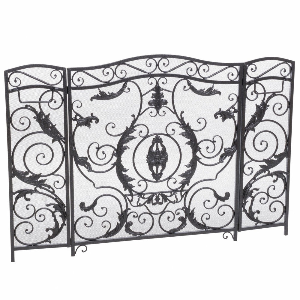 English Elm Waterbury Wrought Iron Fireplace Screen with Ornate Scrollwork and Camelback Silhouette 55341.00SIL