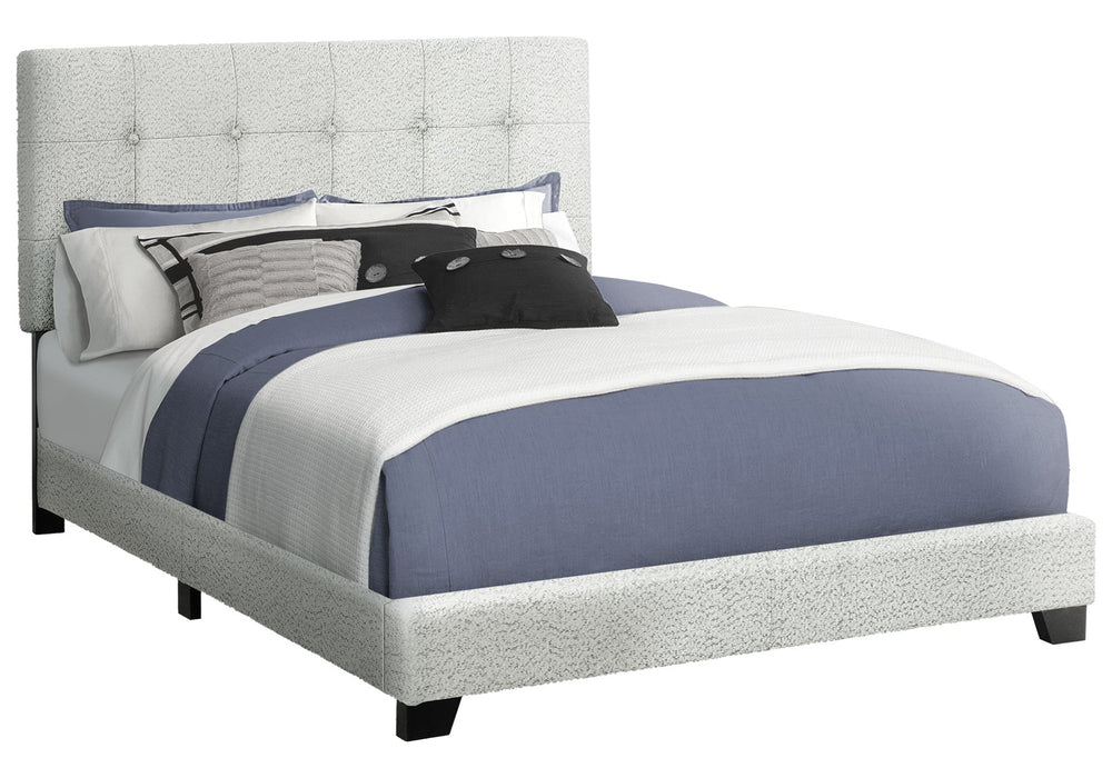 English Elm Bed, Queen Upholstered Light Grey Bouclé Frame with Button-Tufted Headboard, Solid Wood Slats, Low-Profile Rustic Chic B2710P287049