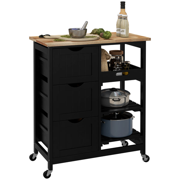 English Elm HOMCOM Rolling Kitchen Island Cart with Butcher Block Top, 3 Drawers, Shelves & 360° Wheels (Black) W2225P217389