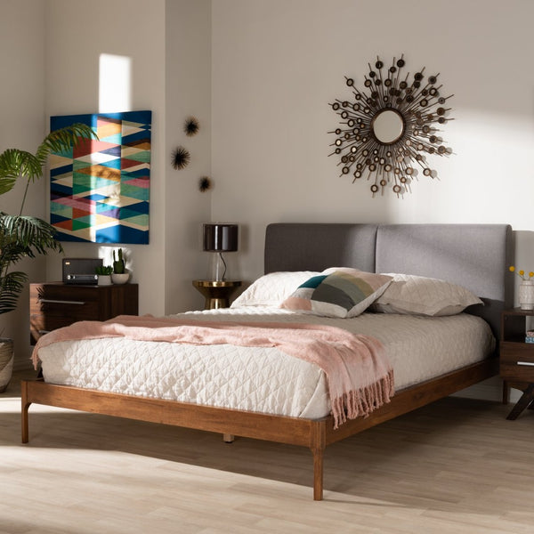 Baxton Studio Baxton Aveneil Mid-Century Modern King Platform Bed with Upholstered Headboard and Walnut Finish Gray BBT6723-Grey-King