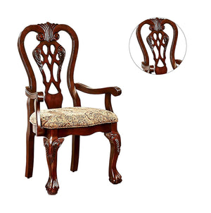 English Elm Formal Classic Set of 2 Arm Chairs Cherry Brown Solid Wood Damask Fabric Padded Seats, Intricate Carved Backs, Ball & Claw Feet B011P248054