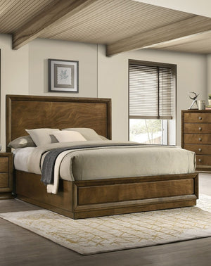 English Elm Strong Walnut Panel Bed Full Size Carved Headboard Transitional Rubberwood Bedroom Frame B2741S00214