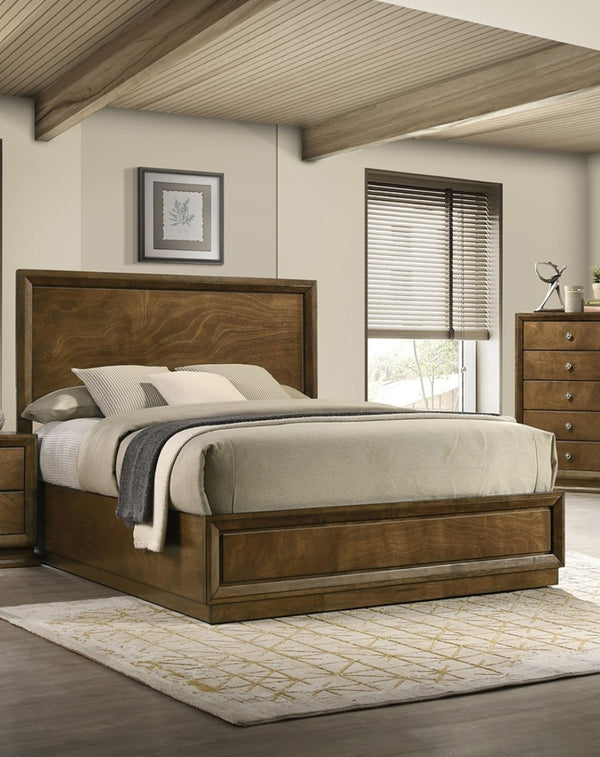 English Elm Strong Walnut Panel Bed Full Size Carved Headboard Transitional Rubberwood Bedroom Frame B2741S00214