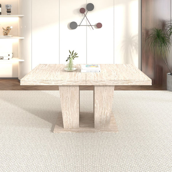 English Elm Rectangular extendable dining table with veined travertine top, beige MDF, sturdy wide feet, 6-10 seats W1347S00018