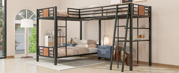 English Elm L-Shaped Twin Over Twin Bunk Bed with Loft Desk & Shelves, Brown Metal+MDF, Sturdy Sleep Solution GX001110AAD