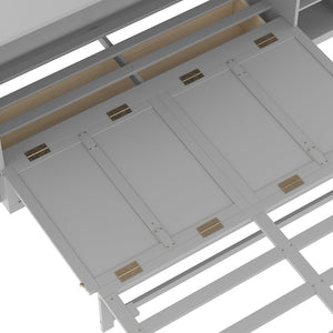 English Elm Queen Murphy Wall Bed with Open Shelves and Drawers for Guest or Office Rooms Light Gray W5316S00008