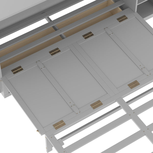 English Elm Queen Murphy Wall Bed with Open Shelves and Drawers for Guest or Office Rooms Light Gray W5316S00008