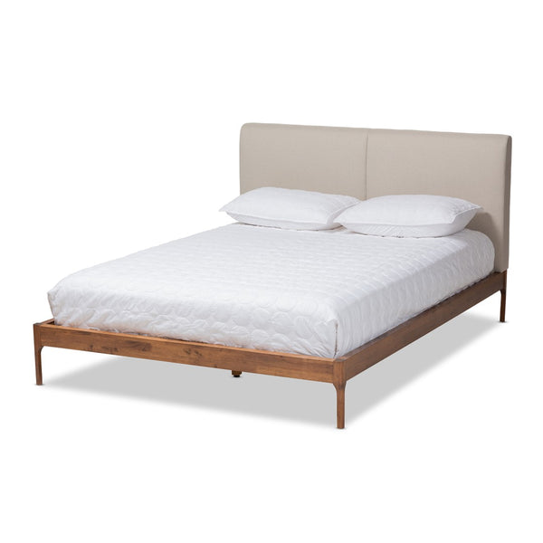 Baxton Studio Baxton Aveneil Mid-Century Modern King Platform Bed with Upholstered Headboard and Walnut Finish Beige BBT6723-Light Beige-King
