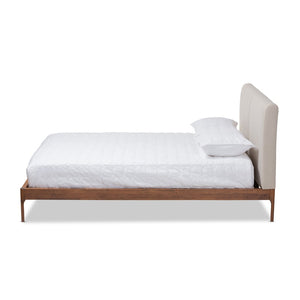 Baxton Studio Baxton Aveneil Mid-Century Modern King Platform Bed with Upholstered Headboard and Walnut Finish Beige BBT6723-Light Beige-King