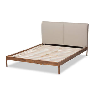 Baxton Studio Baxton Aveneil Mid-Century Modern King Platform Bed with Upholstered Headboard and Walnut Finish Beige BBT6723-Light Beige-King