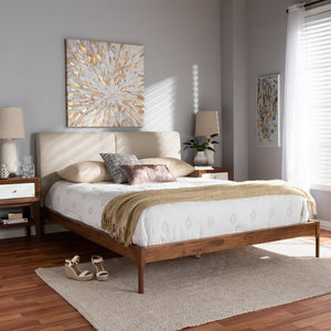 Baxton Studio Baxton Aveneil Mid-Century Modern King Platform Bed with Upholstered Headboard and Walnut Finish Beige BBT6723-Light Beige-King