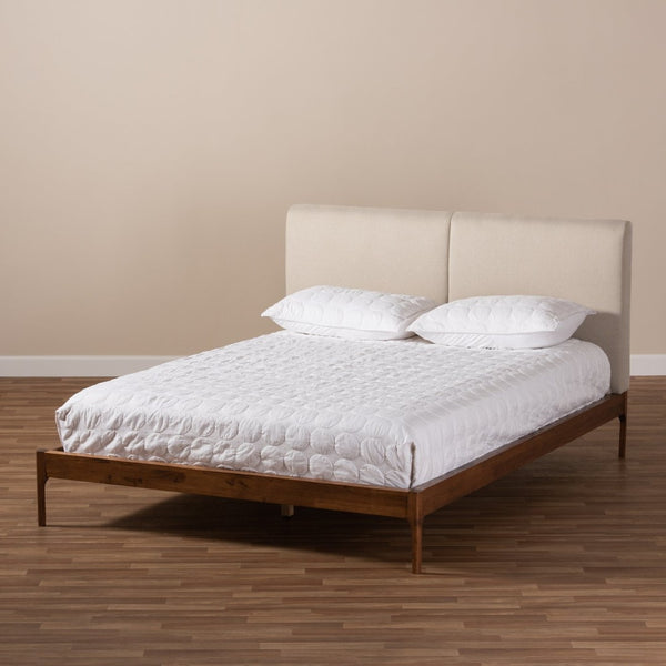 Baxton Studio Baxton Aveneil Mid-Century Modern King Platform Bed with Upholstered Headboard and Walnut Finish Beige BBT6723-Light Beige-King