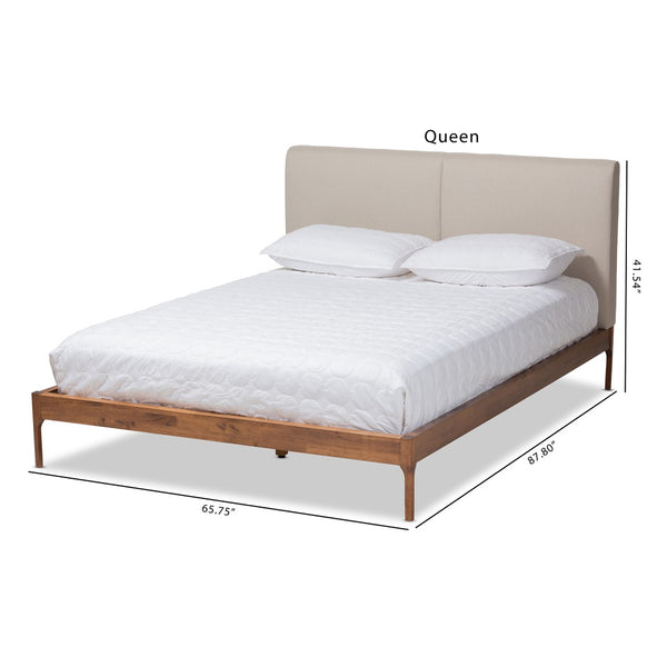 Baxton Studio Baxton Aveneil Mid-Century Modern King Platform Bed with Upholstered Headboard and Walnut Finish Beige BBT6723-Light Beige-King