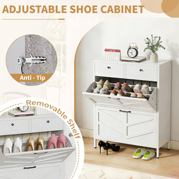 English Elm Shoe Cabinet Slim Steel Entryway Organizer with Flip Compartments and Retro White Finish T2398P413025