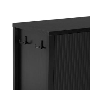 English Elm U_style Striped Four Door Sideboard Mdf Buffet Cabinet with Adjustable Shelves for Dining Black N711P345170B