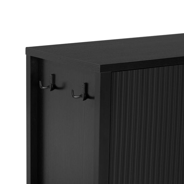 English Elm U_style Striped Four Door Sideboard Mdf Buffet Cabinet with Adjustable Shelves for Dining Black N711P345170B