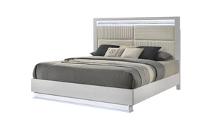 English Elm Glam King Bed With Led Headboard, Velvet Upholstery & Luxe Wood Finish – Modern Bedroom Elegance B009S01382