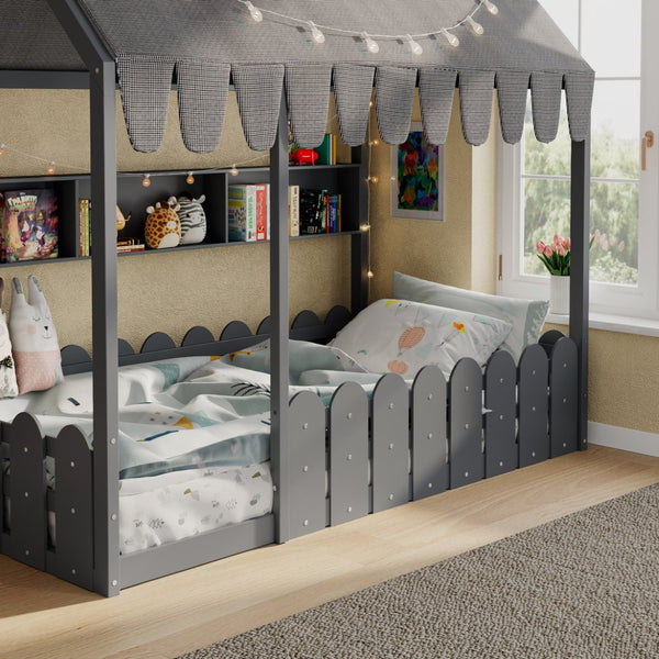 English Elm {slats Are Not Included} Twin Montessori House Floor Bed Kids Tent Lights Shelves Pinewood Frame Gray N708P407962E
