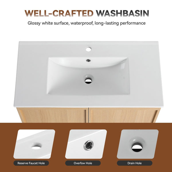 English Elm 36" Floating Bathroom Vanity Light Oak Modular Cabinet with Gel Coat Integrated Sink Glossy White,Light Oak W3450S00067