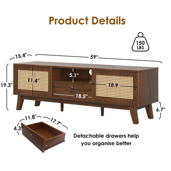 English Elm Rattan Mid Century Modern Tv Stand – Stylish Wood Media Console With Storage & Cable Management Solutions T3623P380543-GIGA