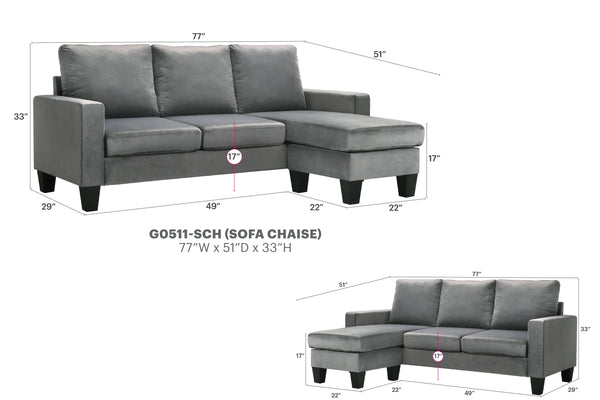 English Elm Jessica reversible sectional sofa chaise in velvet — chic, durable hardwood frame, plush seating glam centerpiece Gray 29 L x 51 W x 19 H B078S00014