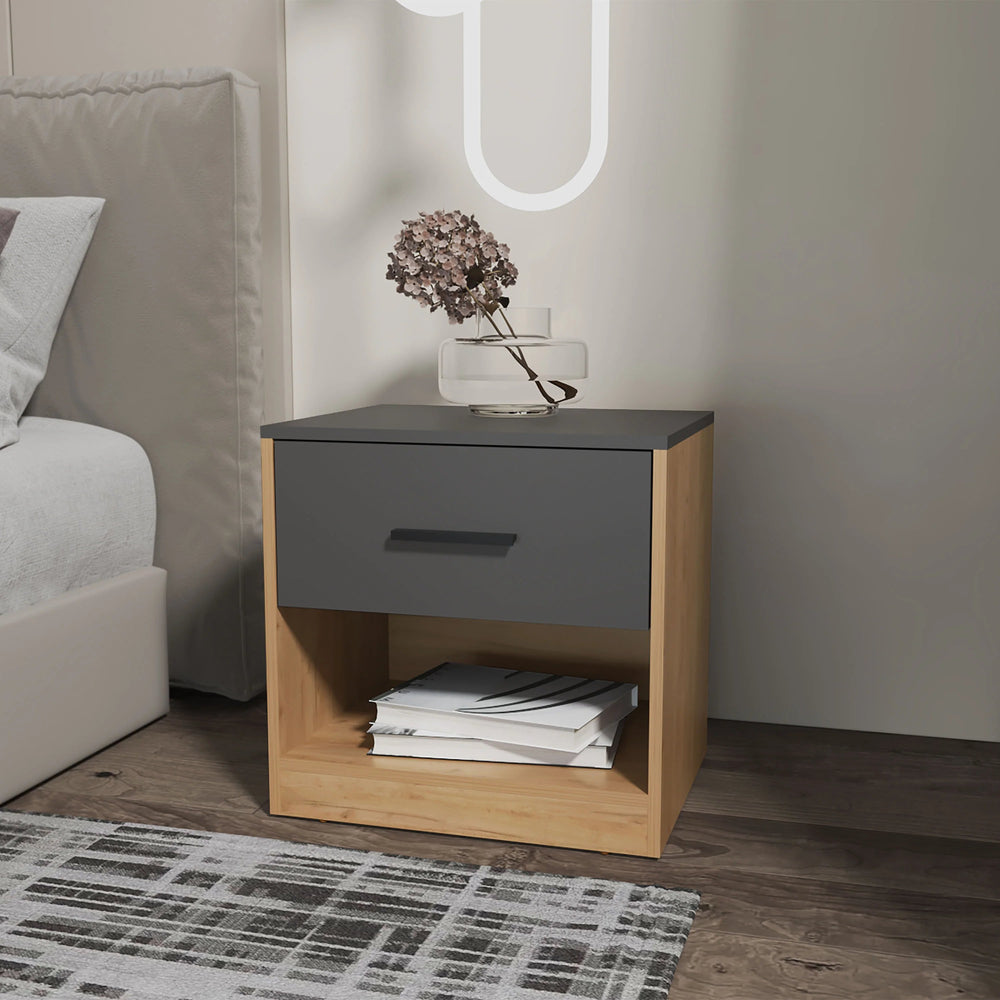 English Elm Natural Oak Modern Nightstand with Drawer and Open Shelf, Matt Grey Accents for Cozy, Organized Bedrooms B062P290238