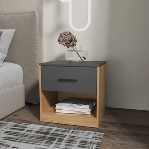 English Elm Natural Oak Modern Nightstand with Drawer and Open Shelf, Matt Grey Accents for Cozy, Organized Bedrooms B062P290238