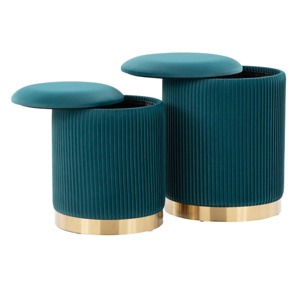 English Elm Nesting Pleated Velvet Ottoman Pair with Polished Gold Base Glam Living Room Accent B202P471499
