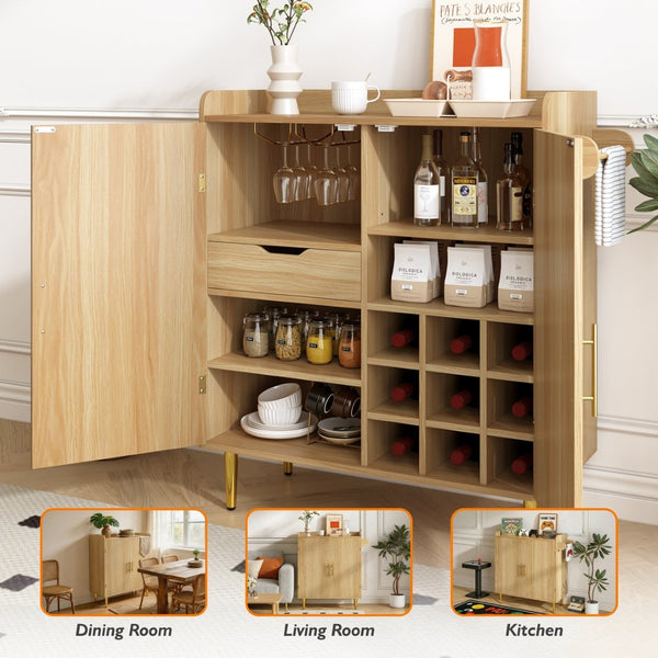 English Elm Modern Fluted Bar Cabinet with Wine Rack Glass Holders Adjustable Shelving and Hidden Drawer Natural N728P438606N